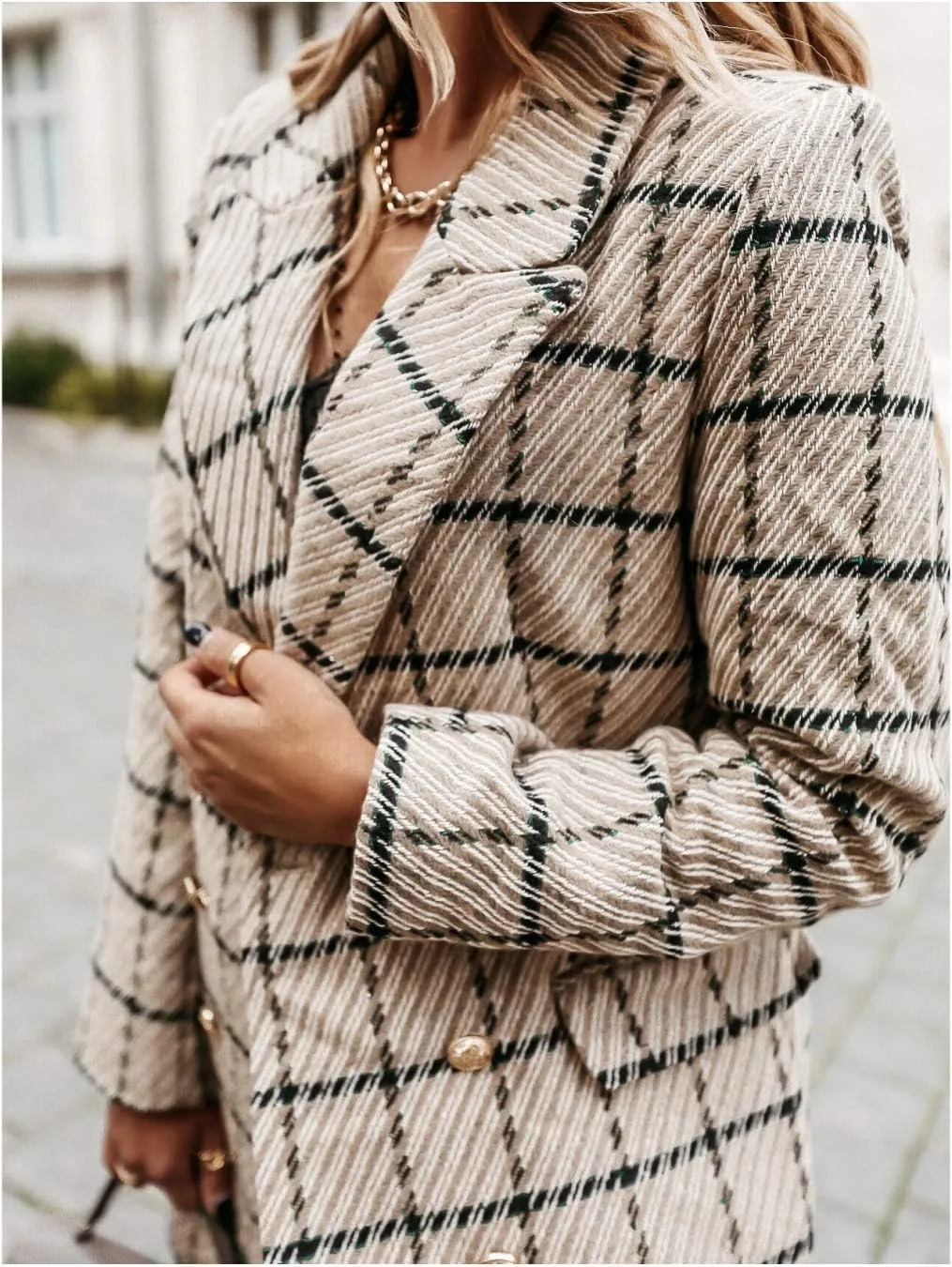 utcoco Womens 2025 Fashion Tweed Blazers Business Casual Double Breasted Open Front Plaid Blazer Jackets