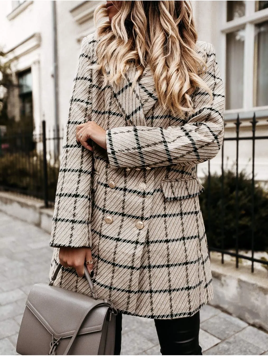 utcoco Womens 2025 Fashion Tweed Blazers Business Casual Double Breasted Open Front Plaid Blazer Jackets