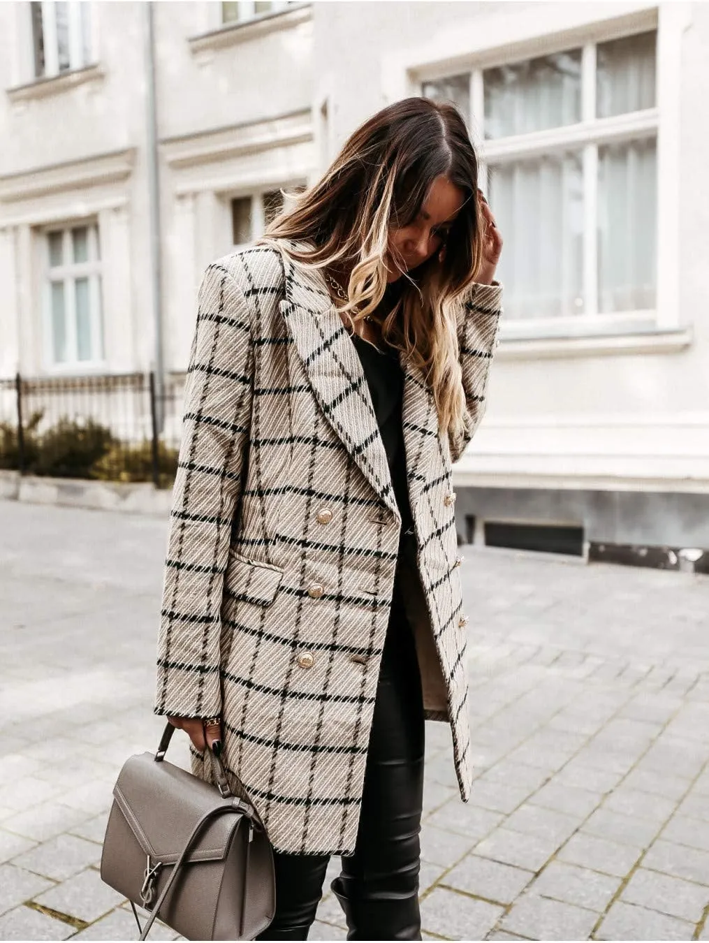 utcoco Womens 2025 Fashion Tweed Blazers Business Casual Double Breasted Open Front Plaid Blazer Jackets