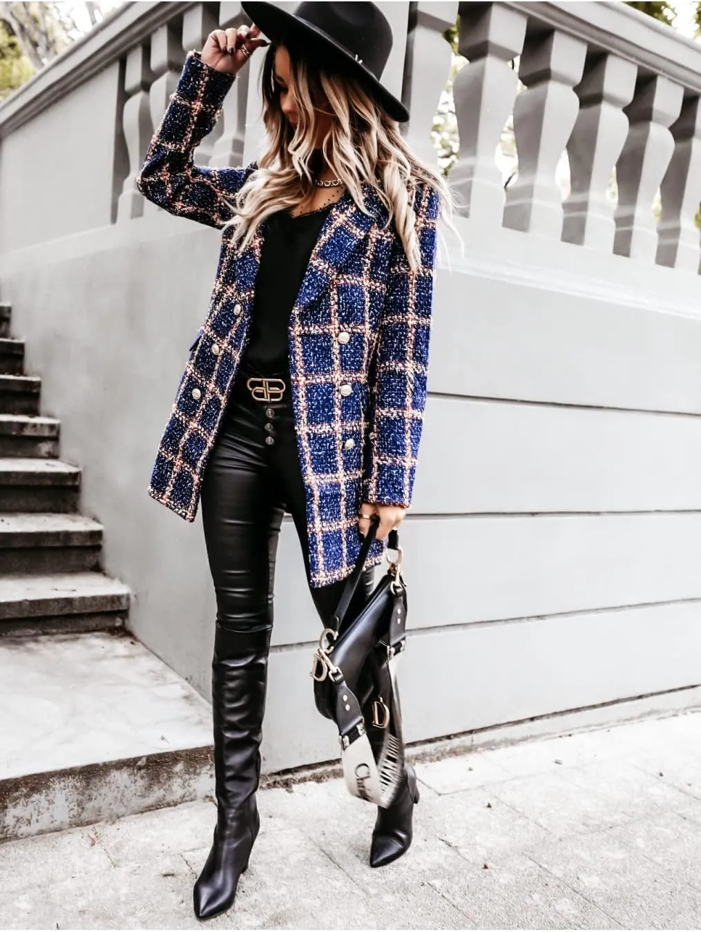 utcoco Womens 2025 Fashion Tweed Blazers Business Casual Double Breasted Open Front Plaid Blazer Jackets