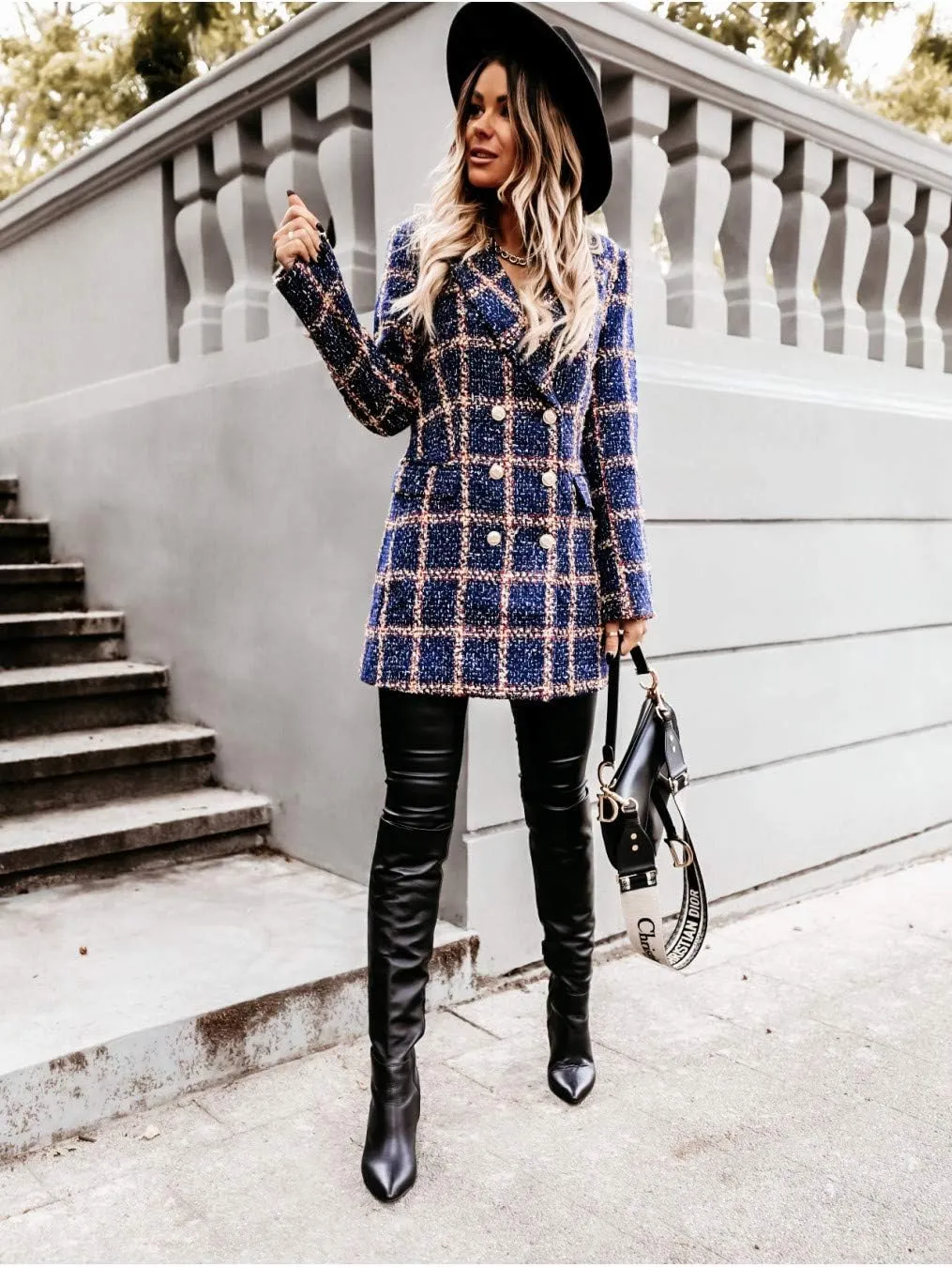 utcoco Womens 2025 Fashion Tweed Blazers Business Casual Double Breasted Open Front Plaid Blazer Jackets