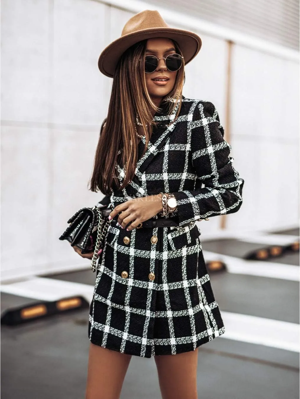 utcoco Womens 2025 Fashion Tweed Blazers Business Casual Double Breasted Open Front Plaid Blazer Jackets