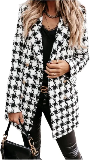 utcoco Womens 2025 Fashion Tweed Blazers Business Casual Double Breasted Open Front Plaid Blazer Jackets