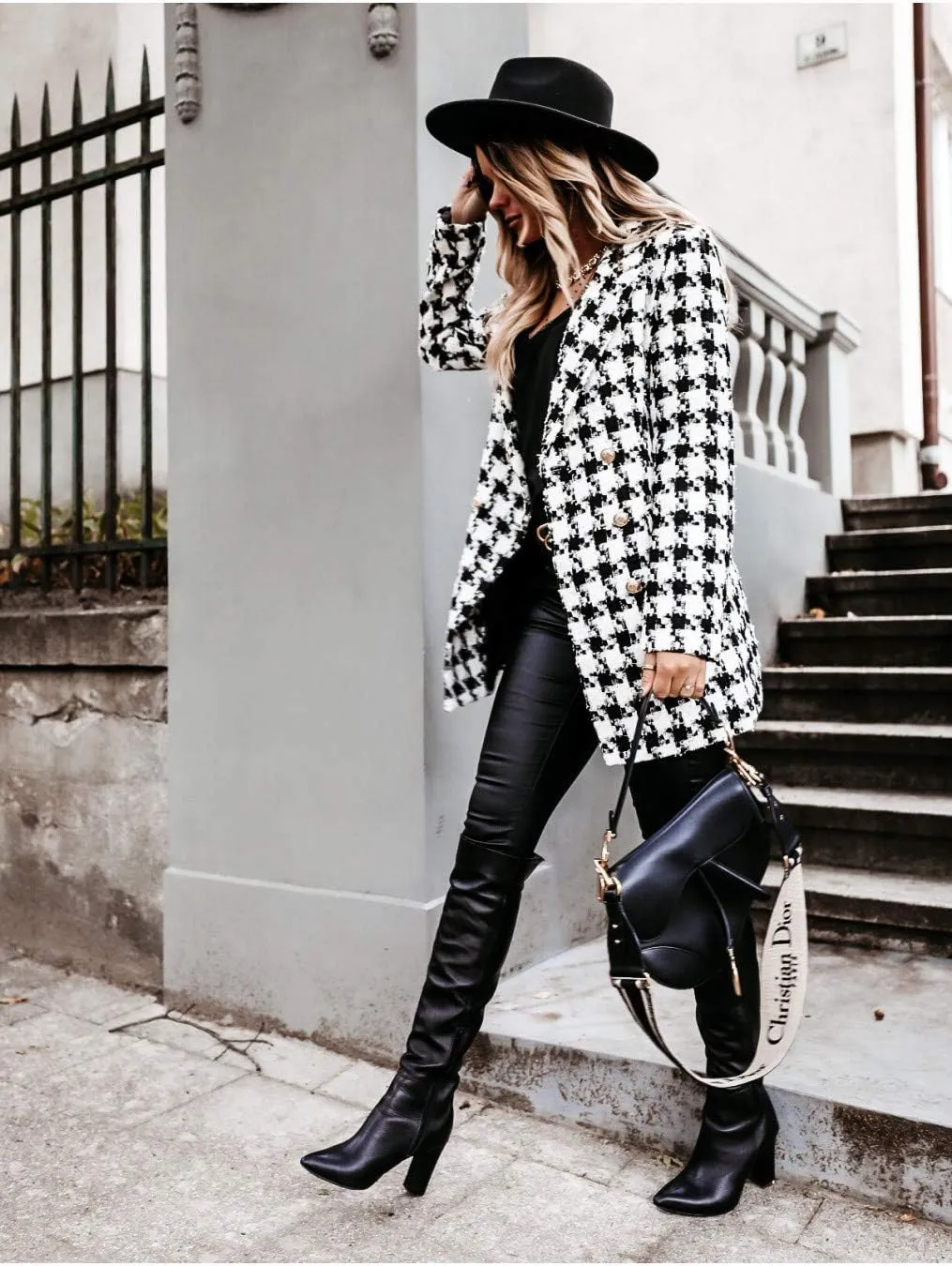 utcoco Womens 2025 Fashion Tweed Blazers Business Casual Double Breasted Open Front Plaid Blazer Jackets