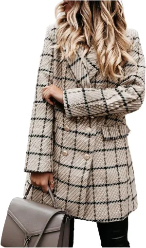utcoco Womens 2025 Fashion Tweed Blazers Business Casual Double Breasted Open Front Plaid Blazer Jackets