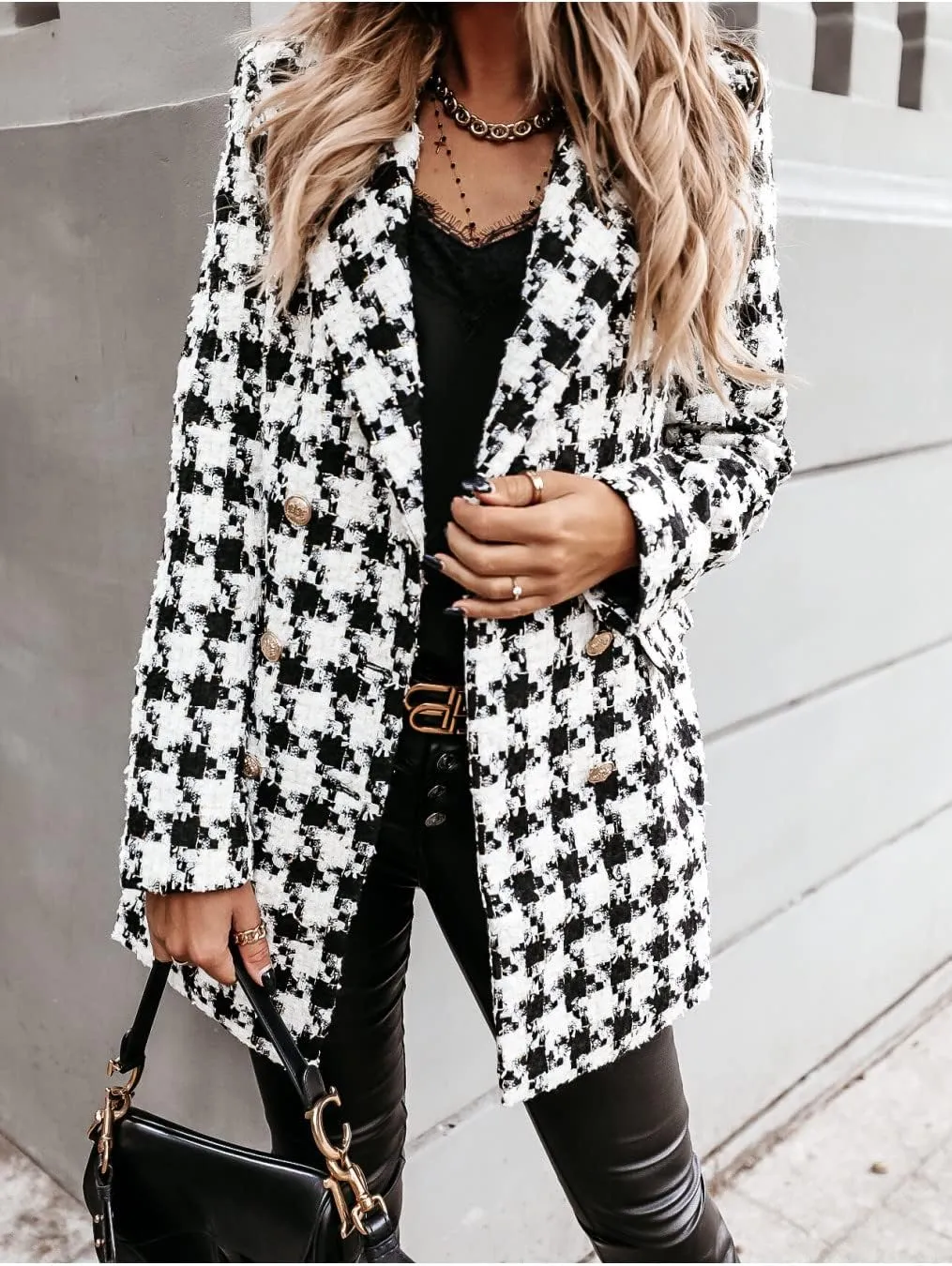 utcoco Womens 2025 Fashion Tweed Blazers Business Casual Double Breasted Open Front Plaid Blazer Jackets