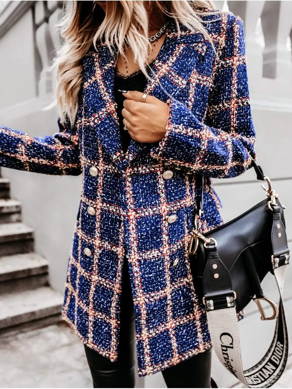 utcoco Womens 2025 Fashion Tweed Blazers Business Casual Double Breasted Open Front Plaid Blazer Jackets