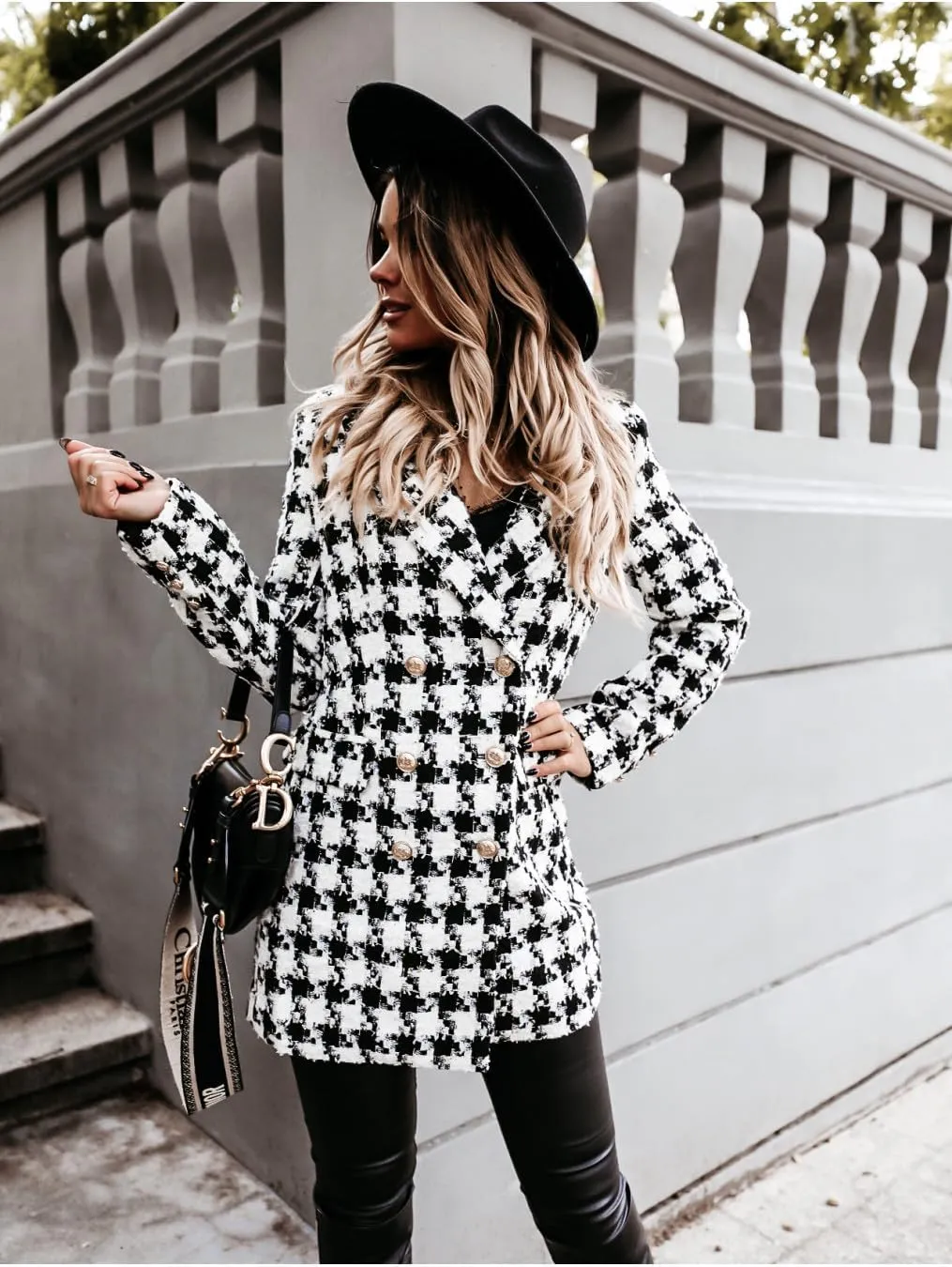 utcoco Womens 2025 Fashion Tweed Blazers Business Casual Double Breasted Open Front Plaid Blazer Jackets