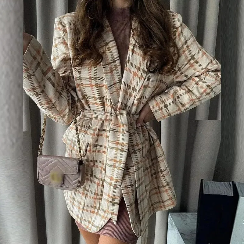 utcoco Womens Casual Belted Plaid Blazers Open Front Long Sleeve Work Office Suit Jackets Blazer