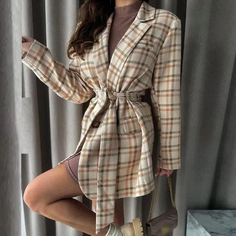 utcoco Womens Casual Belted Plaid Blazers Open Front Long Sleeve Work Office Suit Jackets Blazer