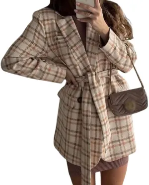 utcoco Womens Casual Belted Plaid Blazers Open Front Long Sleeve Work Office Suit Jackets Blazer