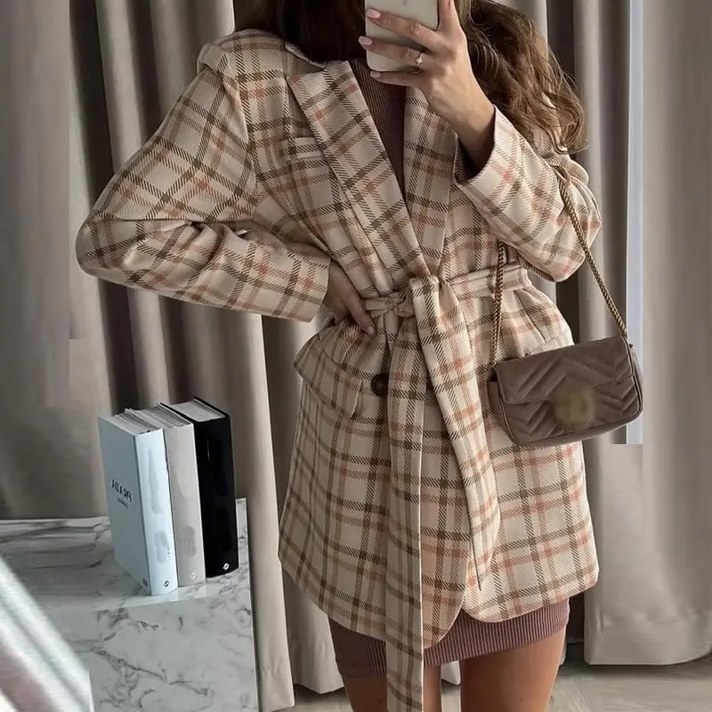 utcoco Womens Casual Belted Plaid Blazers Open Front Long Sleeve Work Office Suit Jackets Blazer