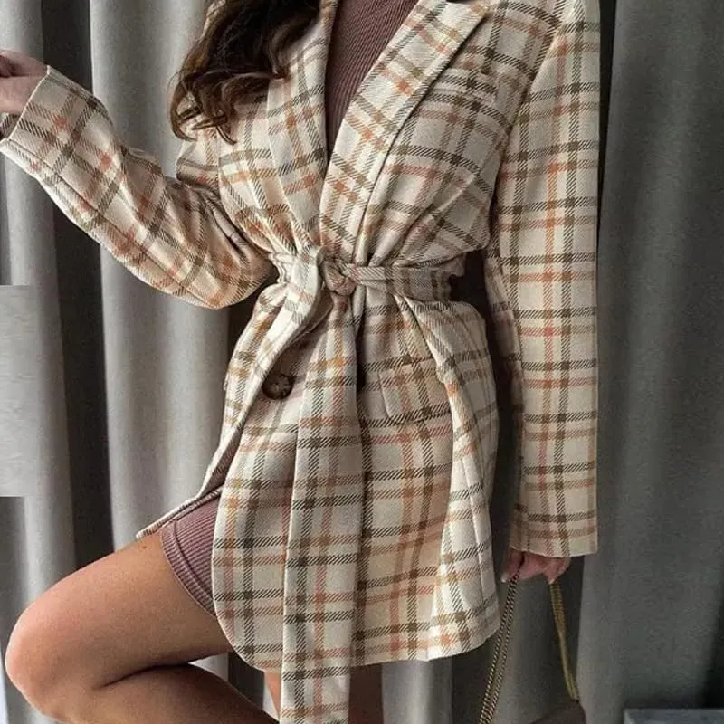 utcoco Womens Casual Belted Plaid Blazers Open Front Long Sleeve Work Office Suit Jackets Blazer
