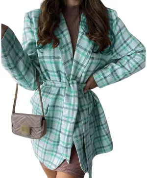 utcoco Womens Casual Belted Plaid Blazers Open Front Long Sleeve Work Office Suit Jackets Blazer