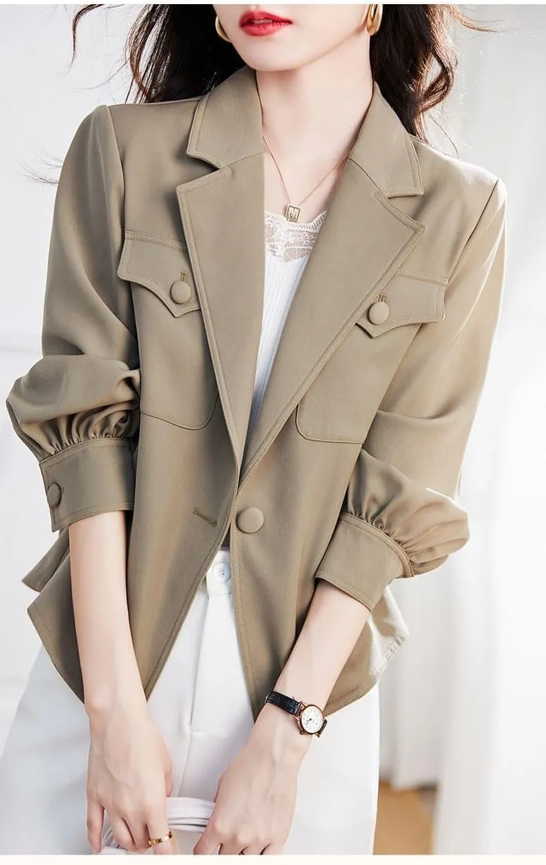 utcoco Womens Long Sleeve Cropped Blazers Work Office Suit Jackets Open Front Blazer Trench Coat with Pockets