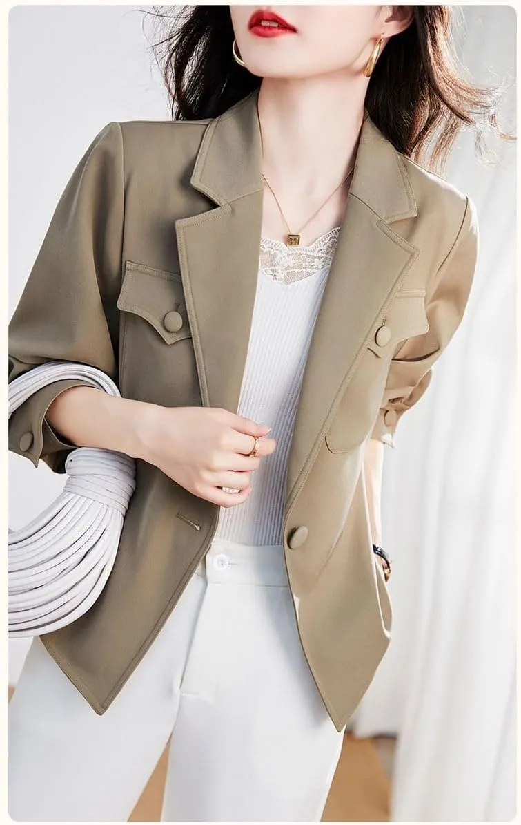utcoco Womens Long Sleeve Cropped Blazers Work Office Suit Jackets Open Front Blazer Trench Coat with Pockets