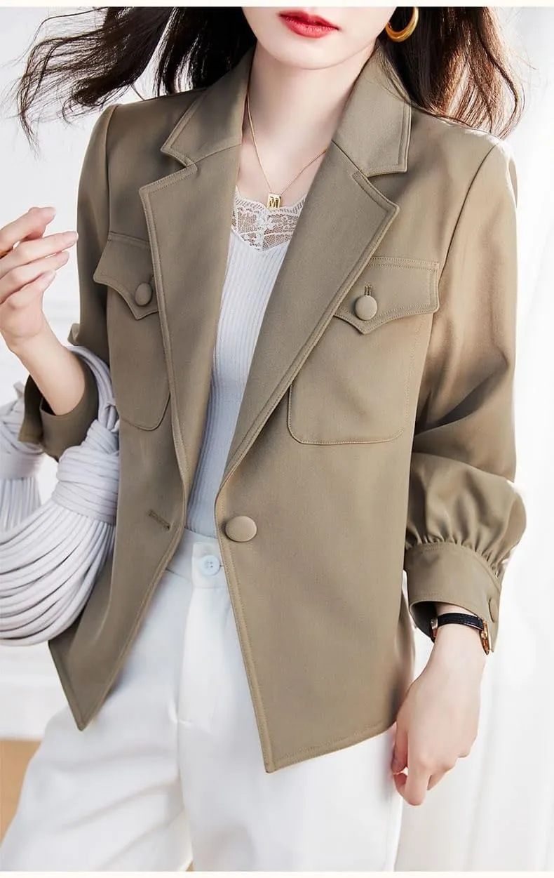 utcoco Womens Long Sleeve Cropped Blazers Work Office Suit Jackets Open Front Blazer Trench Coat with Pockets