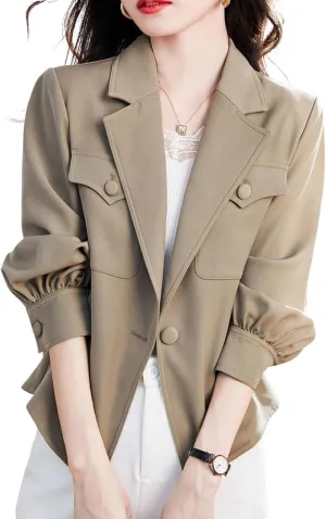 utcoco Womens Long Sleeve Cropped Blazers Work Office Suit Jackets Open Front Blazer Trench Coat with Pockets