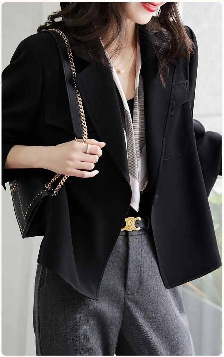 utcoco Womens Long Sleeve Cropped Blazers Work Office Suit Jackets Open Front Blazer Trench Coat with Pockets