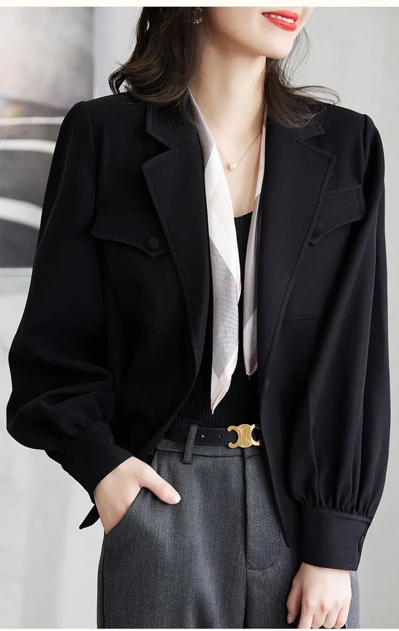 utcoco Womens Long Sleeve Cropped Blazers Work Office Suit Jackets Open Front Blazer Trench Coat with Pockets
