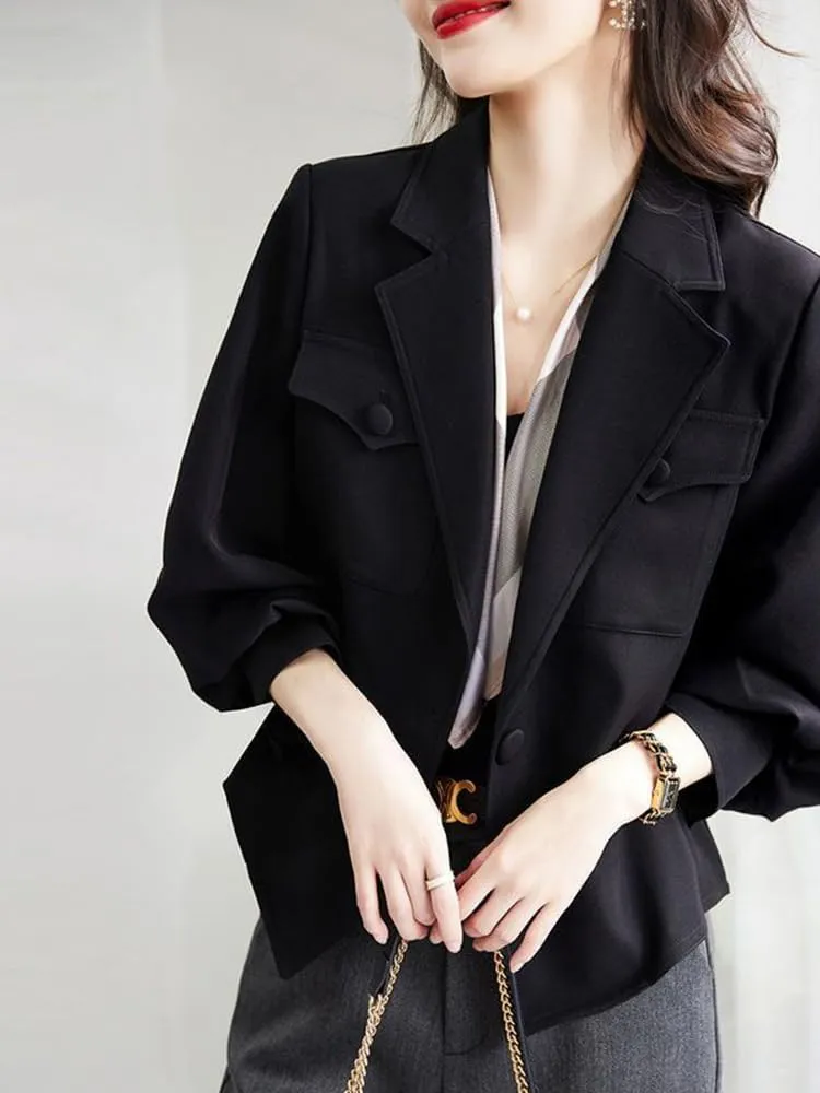 utcoco Womens Long Sleeve Cropped Blazers Work Office Suit Jackets Open Front Blazer Trench Coat with Pockets