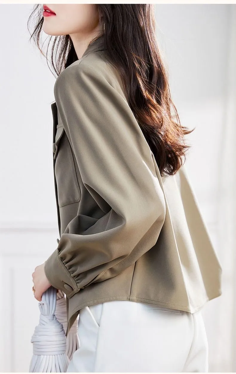 utcoco Womens Long Sleeve Cropped Blazers Work Office Suit Jackets Open Front Blazer Trench Coat with Pockets