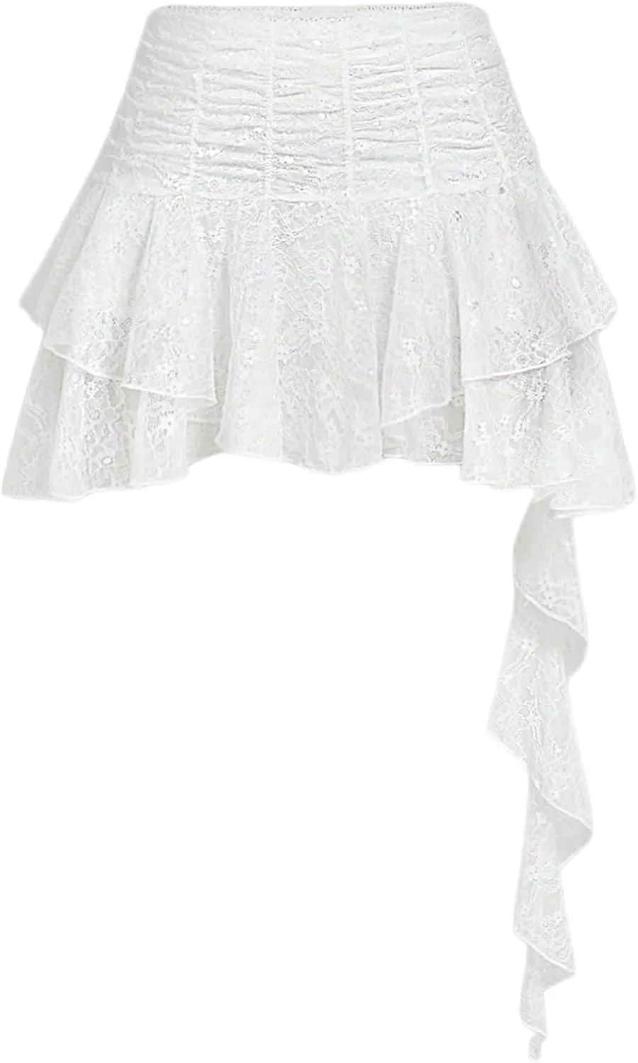 Verdusa Women's Layered Lace Asymmetrical Short Skirt Y2K Ruched Ruffle Mini Skirts with Zipper