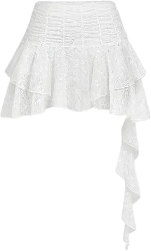 Verdusa Women's Layered Lace Asymmetrical Short Skirt Y2K Ruched Ruffle Mini Skirts with Zipper