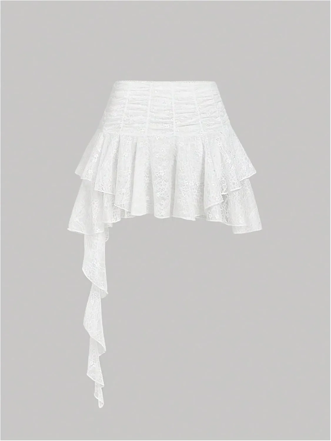 Verdusa Women's Layered Lace Asymmetrical Short Skirt Y2K Ruched Ruffle Mini Skirts with Zipper
