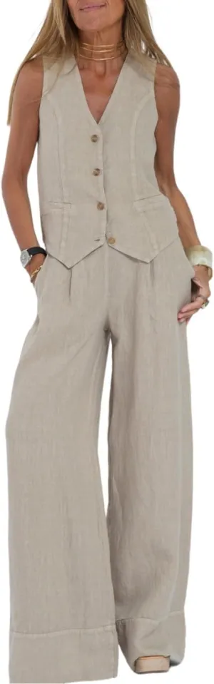 Vest Pant Suits for Women Cotton Linen Dressy Casual 2 Piece Sets Sleeveless 2024 Blazer Vest High Rise Wide Leg Pants Set