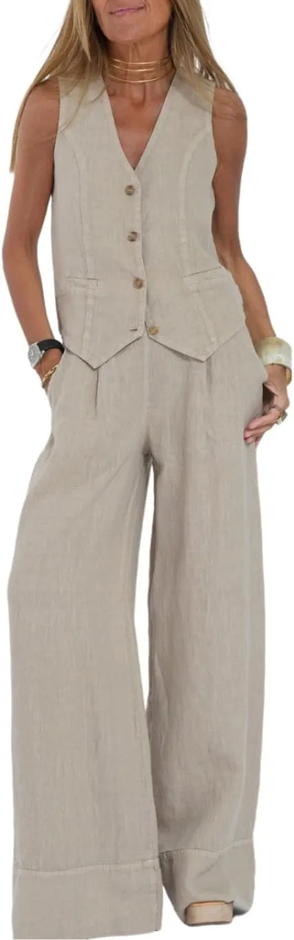 Vest Pant Suits for Women Cotton Linen Dressy Casual 2 Piece Sets Sleeveless 2024 Blazer Vest High Rise Wide Leg Pants Set