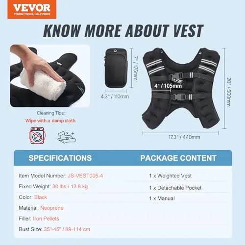 VEVOR Weighted Vest, 30 lbs Weight Vest with Reflective Stripe, Adjustable Buckle Body Weight Vest for Men Women, Workout Equipment for Strength Training, Running, Jogging, Fitness, and Weight Loss