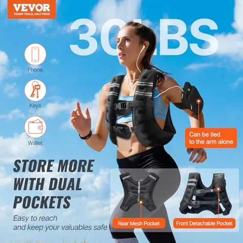 VEVOR Weighted Vest, 30 lbs Weight Vest with Reflective Stripe, Adjustable Buckle Body Weight Vest for Men Women, Workout Equipment for Strength Training, Running, Jogging, Fitness, and Weight Loss