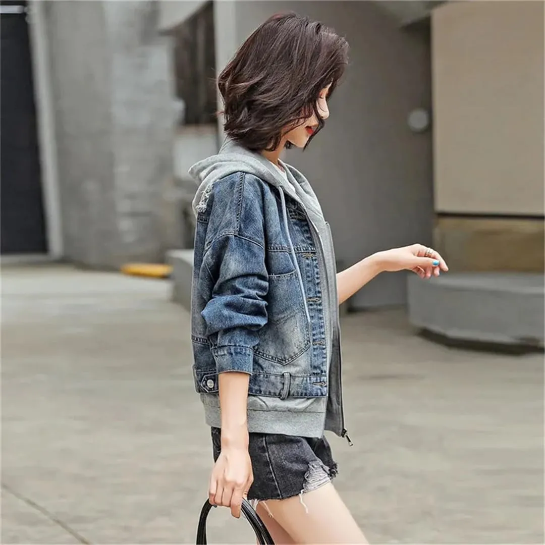 Vsadsau Women's Patchwork Denim Jacket Loose Long Sleeve Zipper Hooded Casual Coats with Pockets