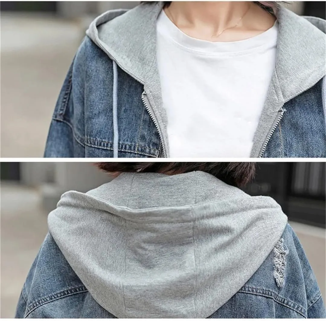 Vsadsau Women's Patchwork Denim Jacket Loose Long Sleeve Zipper Hooded Casual Coats with Pockets