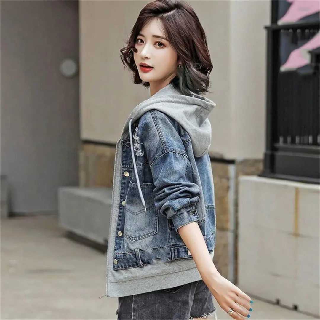 Vsadsau Women's Patchwork Denim Jacket Loose Long Sleeve Zipper Hooded Casual Coats with Pockets