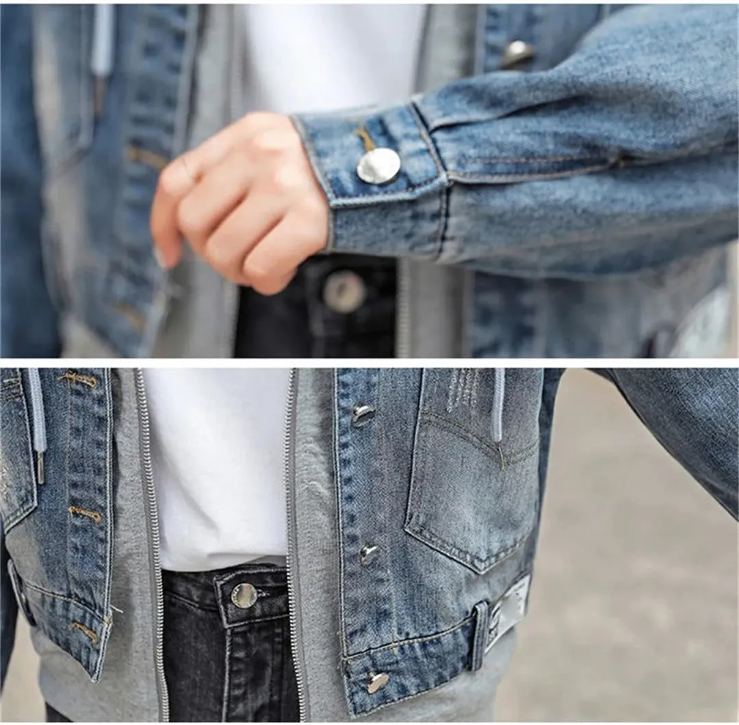 Vsadsau Women's Patchwork Denim Jacket Loose Long Sleeve Zipper Hooded Casual Coats with Pockets
