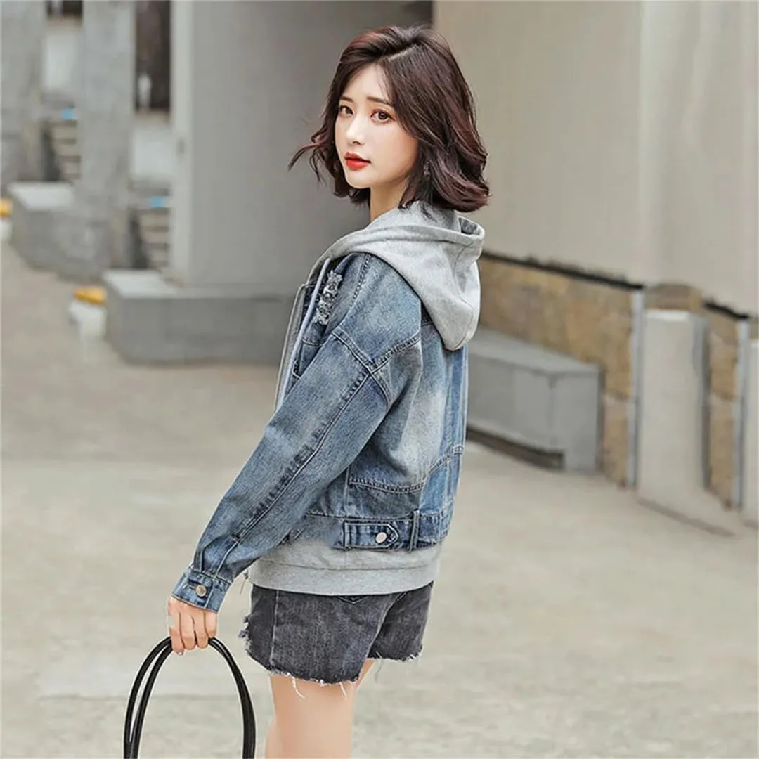 Vsadsau Women's Patchwork Denim Jacket Loose Long Sleeve Zipper Hooded Casual Coats with Pockets