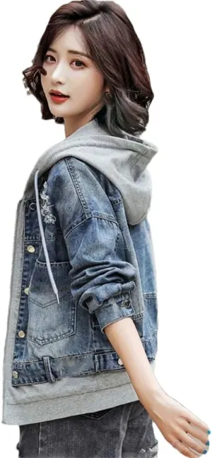 Vsadsau Women's Patchwork Denim Jacket Loose Long Sleeve Zipper Hooded Casual Coats with Pockets