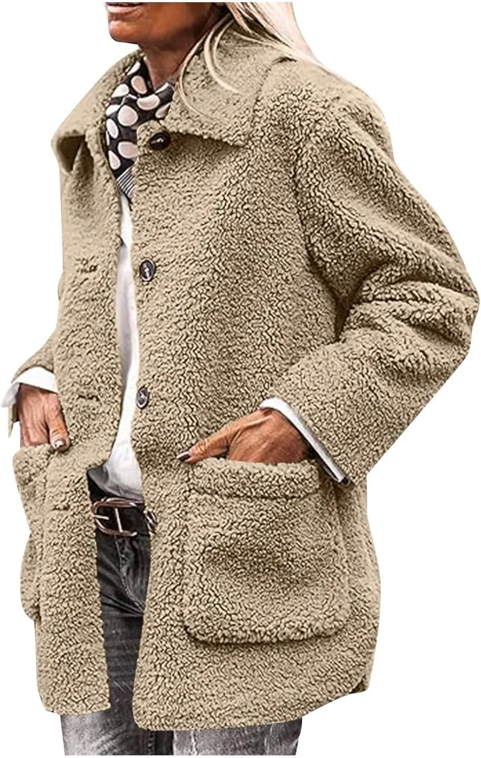 Winter Coats For Women Lapel Fuzzy Faux Fur Coat Long Sleeve Button Down Sherpa Jacket Fleece Warm Outerwear w/Pocket