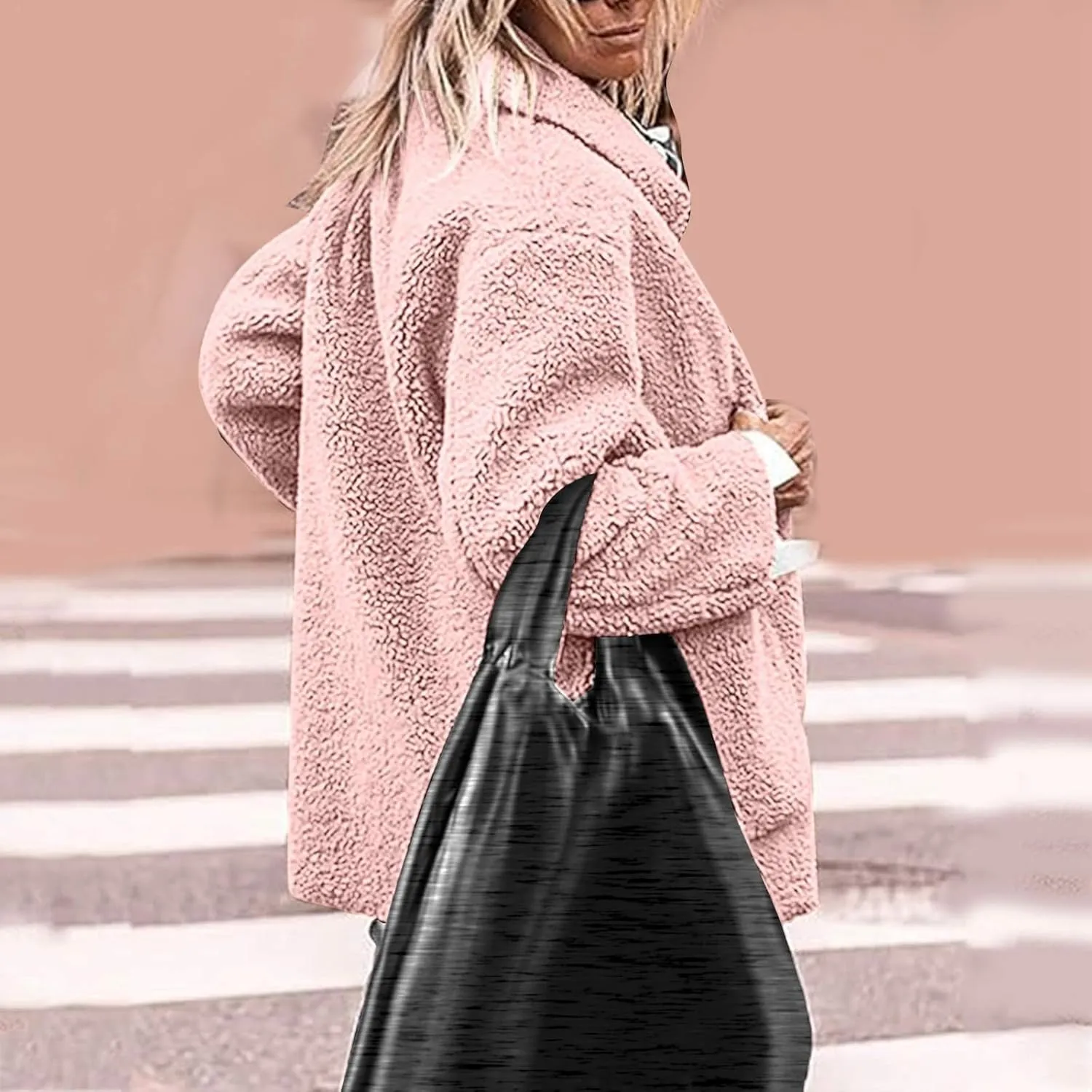 Winter Coats For Women Lapel Fuzzy Faux Fur Coat Long Sleeve Button Down Sherpa Jacket Fleece Warm Outerwear w/Pocket