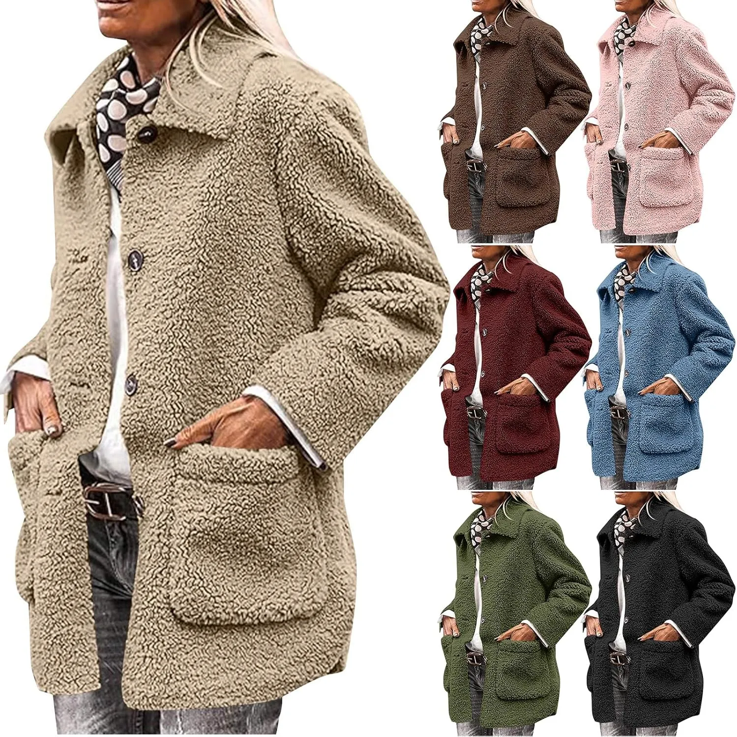 Winter Coats For Women Lapel Fuzzy Faux Fur Coat Long Sleeve Button Down Sherpa Jacket Fleece Warm Outerwear w/Pocket