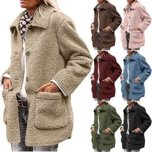 Winter Coats For Women Lapel Fuzzy Faux Fur Coat Long Sleeve Button Down Sherpa Jacket Fleece Warm Outerwear w/Pocket