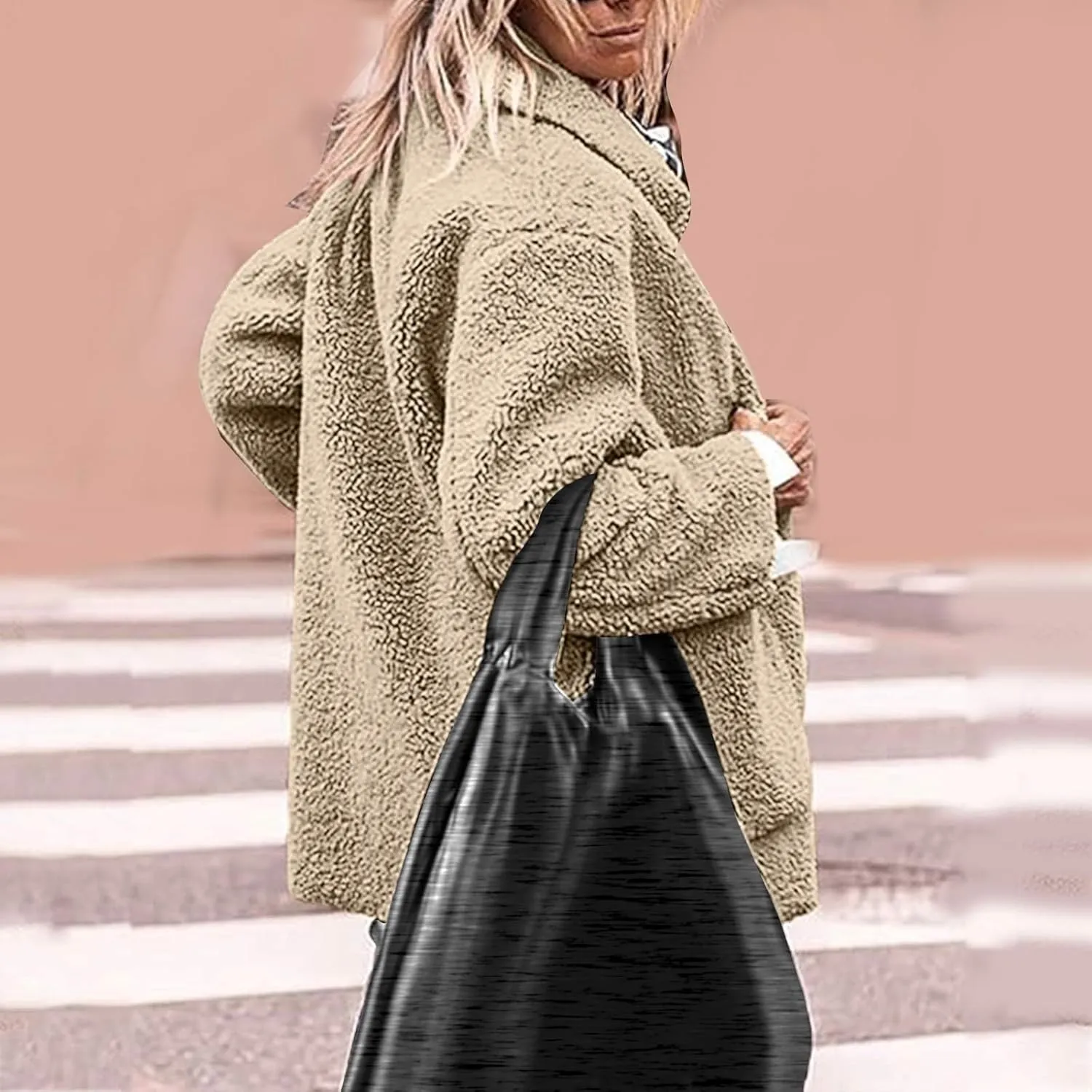 Winter Coats For Women Lapel Fuzzy Faux Fur Coat Long Sleeve Button Down Sherpa Jacket Fleece Warm Outerwear w/Pocket