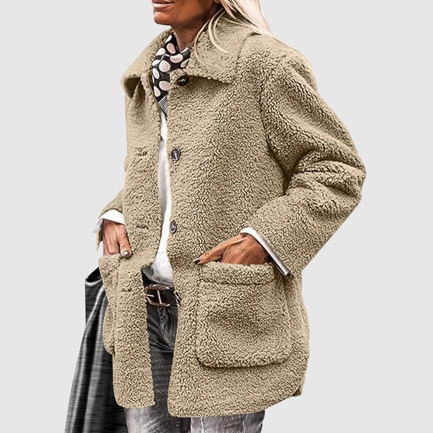 Winter Coats For Women Lapel Fuzzy Faux Fur Coat Long Sleeve Button Down Sherpa Jacket Fleece Warm Outerwear w/Pocket