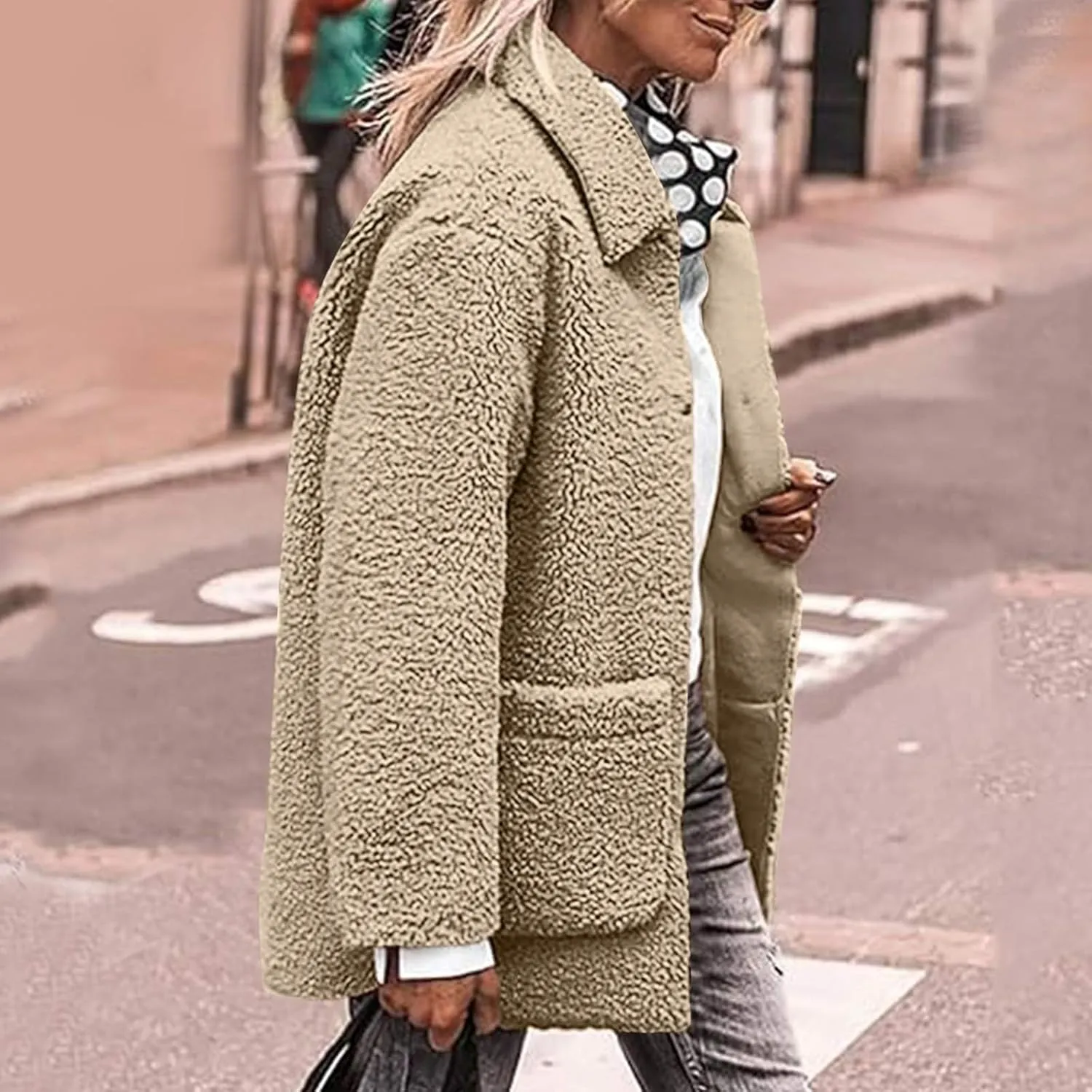 Winter Coats For Women Lapel Fuzzy Faux Fur Coat Long Sleeve Button Down Sherpa Jacket Fleece Warm Outerwear w/Pocket