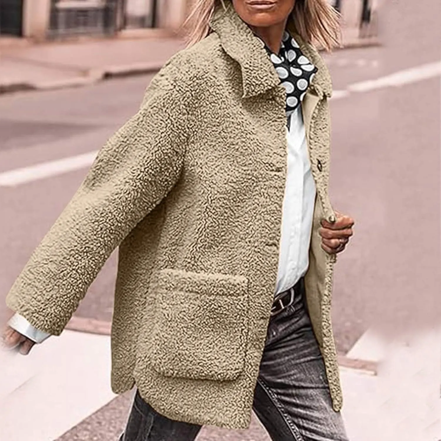 Winter Coats For Women Lapel Fuzzy Faux Fur Coat Long Sleeve Button Down Sherpa Jacket Fleece Warm Outerwear w/Pocket