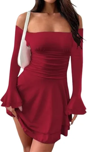 Women Off Shoulder Ruched Mini Dress Sexy Long Sleeve Ruffle Tiered Flowy Tube A Line Dress Fall Bodycon Short Dress