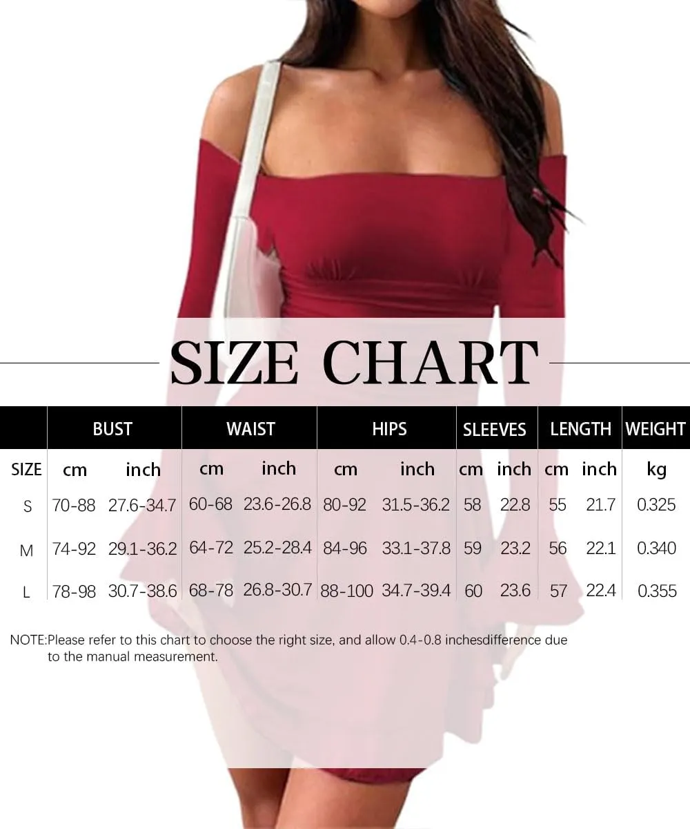 Women Off Shoulder Ruched Mini Dress Sexy Long Sleeve Ruffle Tiered Flowy Tube A Line Dress Fall Bodycon Short Dress