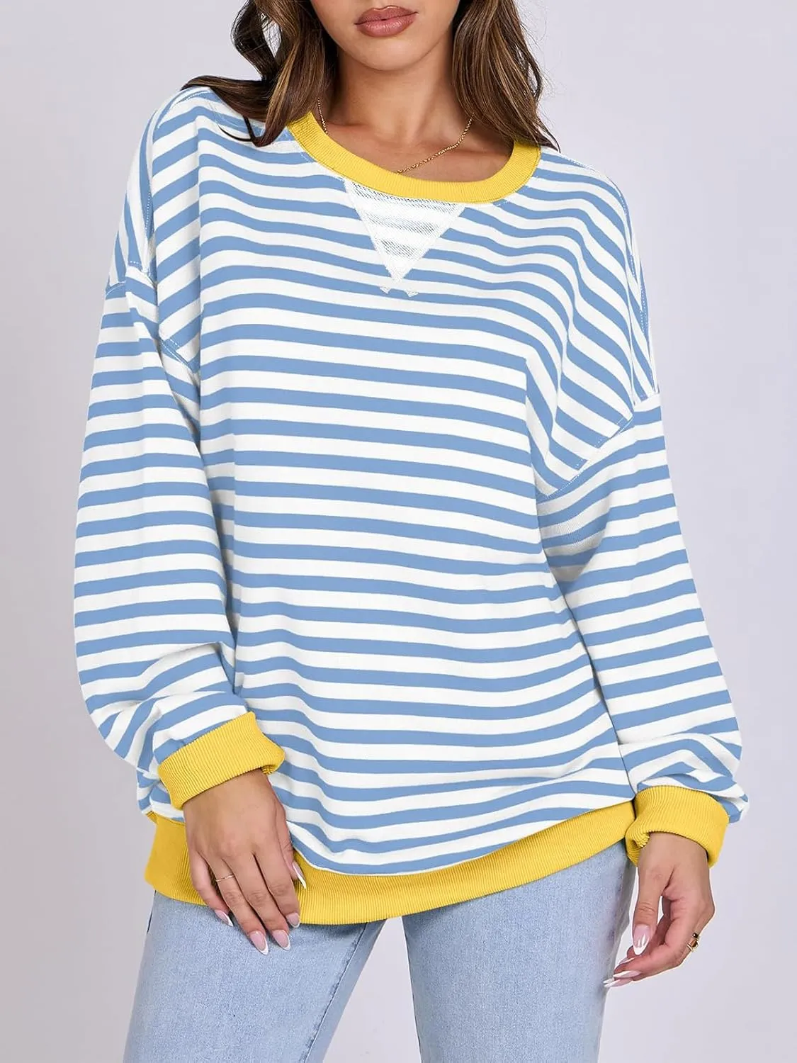 Women Oversized Striped Color Block Long Sleeve Crew Neck Sweatshirt Casual Loose Pullover Y2K Shirt Top